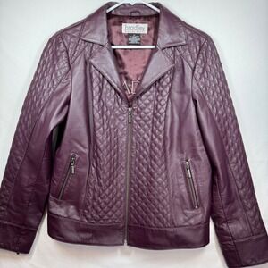 Bradley Bayou Quilted Genuine Leather Motorcycle‎ Jacket Plum Purple Women's M